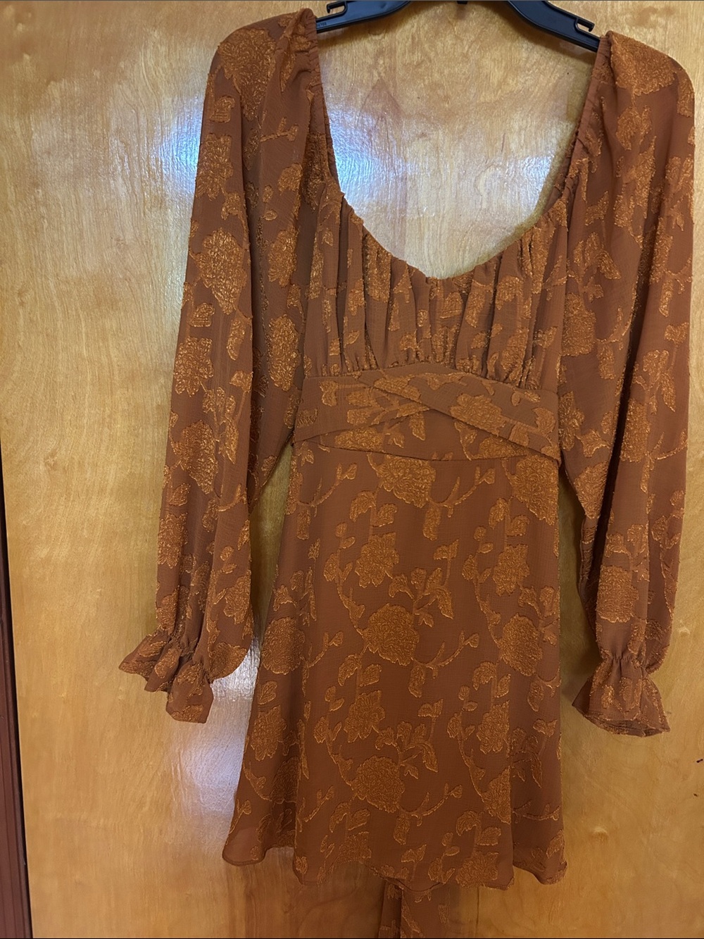 Rust Floral Long-Sleeve Empire Waist Mini Dress